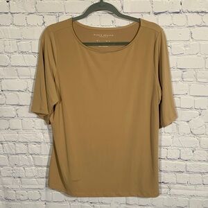 Susan Graver Womens Liquid Knit Scoop Neck Short Sleeve Blouse Tan Size L Casual